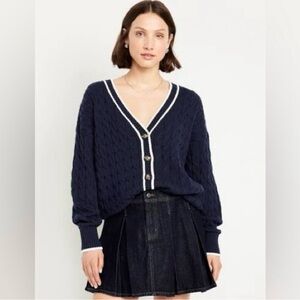 Old Navy Navy Cable-Knit V-Neck Cardigan with White Trim